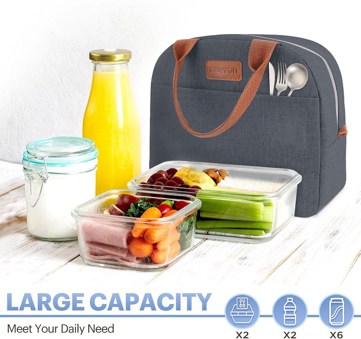 Lunch Bag for Women & Men Adult Insulated Lunch Box, Small Leakproof Cooler Food Lunch Containers Reusable High Capacity Lunch Tote Bags for Work, Travel, Outdoor (Grey)