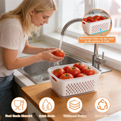4 in 1 Food Storage Container,Fruit Storage Containers for Fridge,Produce Storage Containers with Lid and Strainer,Including Drain Basket,Keep Berry Fruit Fresh Longer(3PC-White)