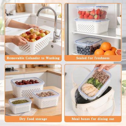 4 in 1 Food Storage Container,Fruit Storage Containers for Fridge,Produce Storage Containers with Lid and Strainer,Including Drain Basket,Keep Berry Fruit Fresh Longer(3PC-White)