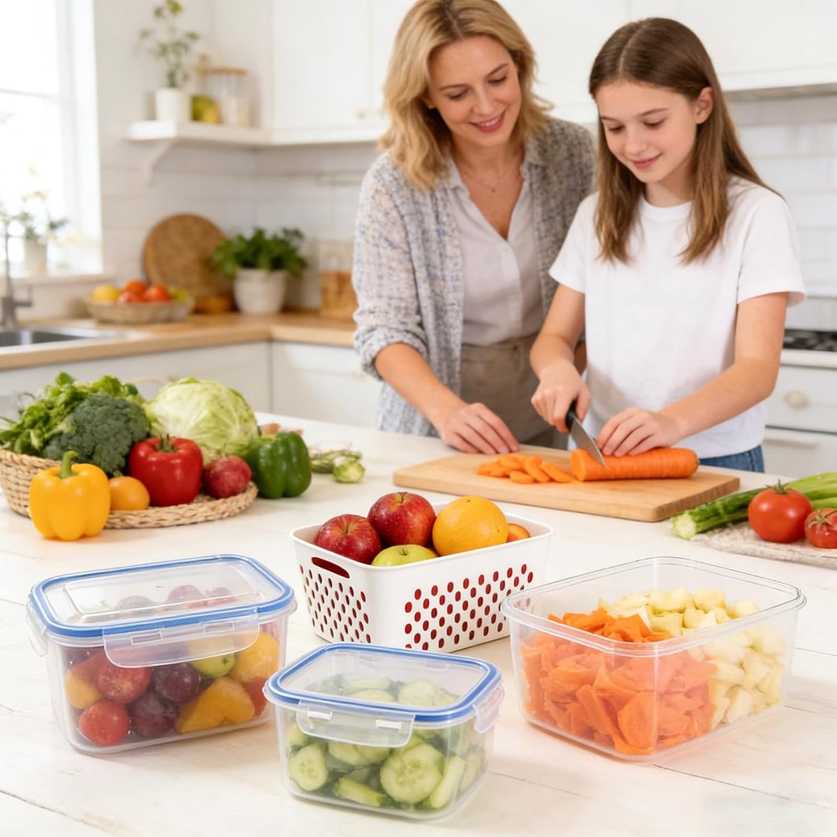 4 in 1 Food Storage Container,Fruit Storage Containers for Fridge,Produce Storage Containers with Lid and Strainer,Including Drain Basket,Keep Berry Fruit Fresh Longer(3PC-White)