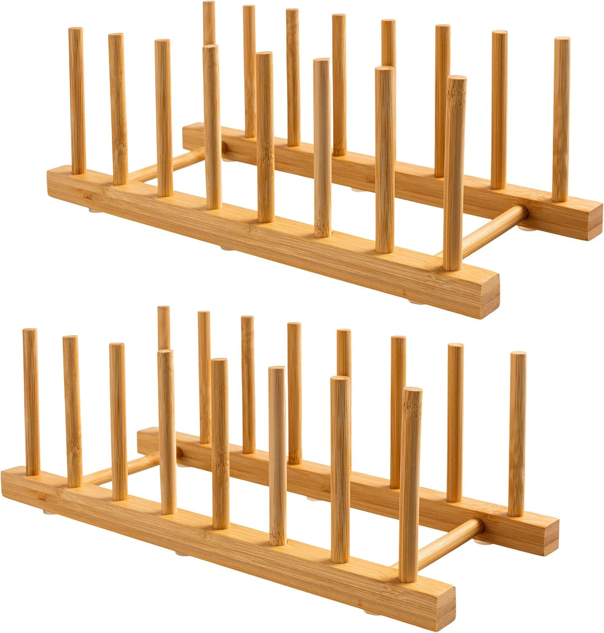 2-Pack Bamboo Wooden Dish Rack Plate Holder Kitchen Organizer 7-Slot | Space-Saving Vertical Organizer, For Plates, Cups, Pots, Lids, Bowls & Cutting Boards, Kitchen Cabinet & Counter Storage