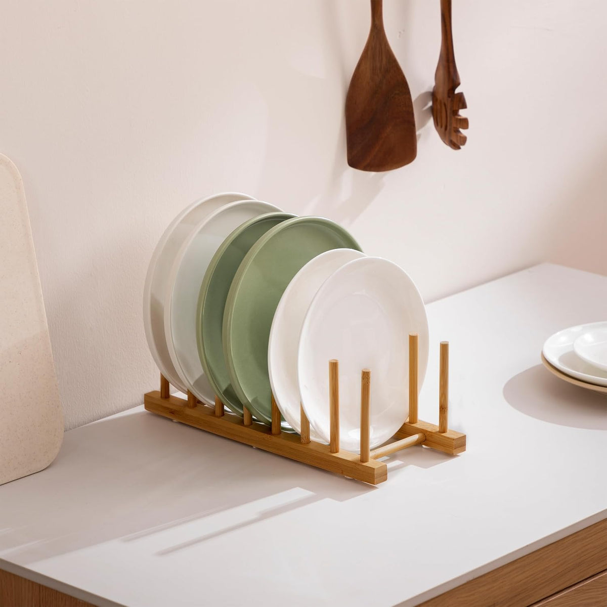 2-Pack Bamboo Wooden Dish Rack Plate Holder Kitchen Organizer 7-Slot | Space-Saving Vertical Organizer, For Plates, Cups, Pots, Lids, Bowls & Cutting Boards, Kitchen Cabinet & Counter Storage
