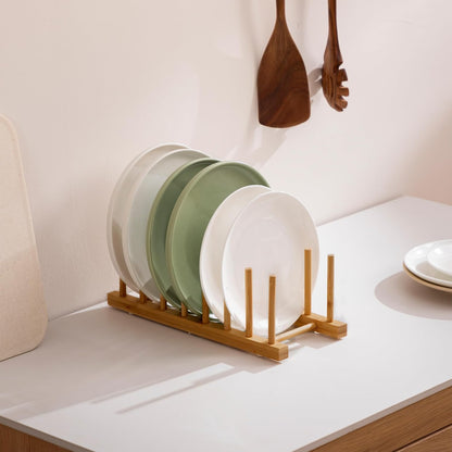 2-Pack Bamboo Wooden Dish Rack Plate Holder Kitchen Organizer 7-Slot | Space-Saving Vertical Organizer, For Plates, Cups, Pots, Lids, Bowls & Cutting Boards, Kitchen Cabinet & Counter Storage
