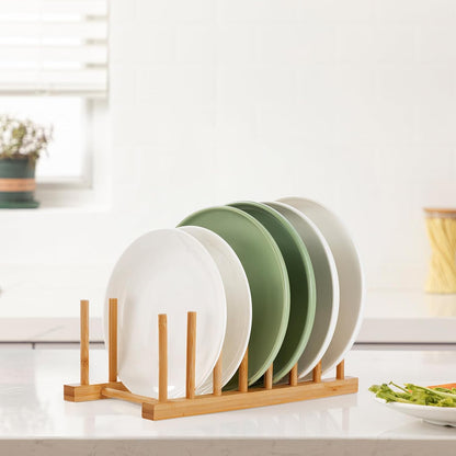 2-Pack Bamboo Wooden Dish Rack Plate Holder Kitchen Organizer 7-Slot | Space-Saving Vertical Organizer, For Plates, Cups, Pots, Lids, Bowls & Cutting Boards, Kitchen Cabinet & Counter Storage