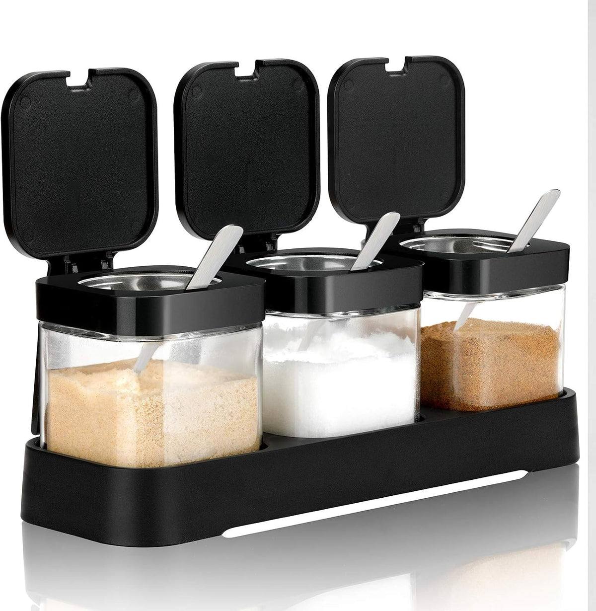 3 Pack Condiment Jars, Spice Containers with Lids and Spoons, Black