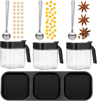 3 Pack Condiment Jars, Spice Containers with Lids and Spoons, Black