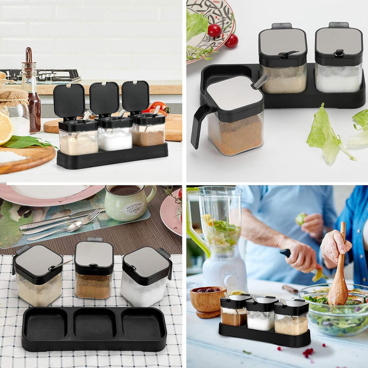 3 Pack Condiment Jars, Spice Containers with Lids and Spoons, Black