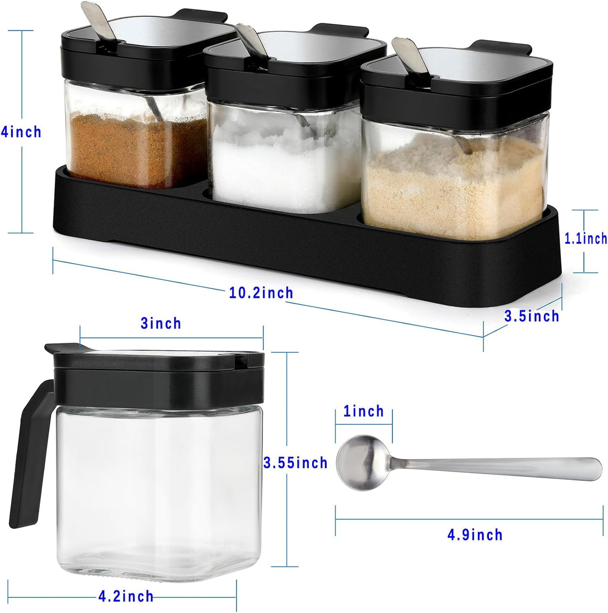 3 Pack Condiment Jars, Spice Containers with Lids and Spoons, Black