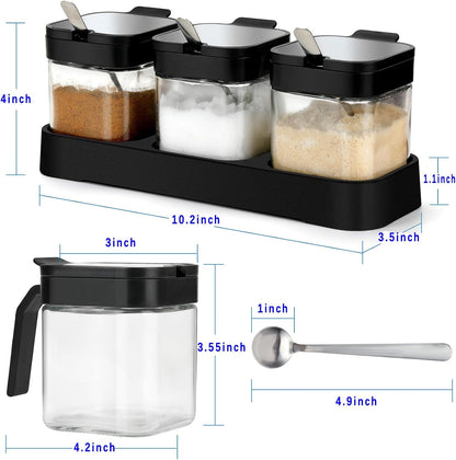 3 Pack Condiment Jars, Spice Containers with Lids and Spoons, Black