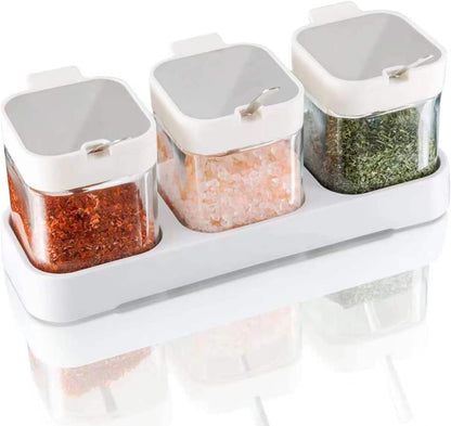 3 Pack Condiment Jars, Spice Containers with Lids and Spoons, Black