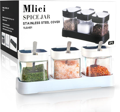 3 Pack Condiment Jars, Spice Containers with Lids and Spoons, Black
