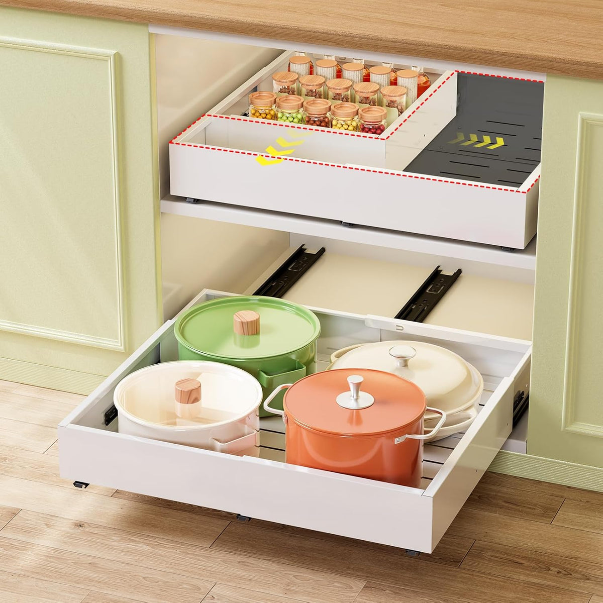Pull Out Cabinet Organizer, Expandable Width (11.4"-19.4") and Depth (16.7"-21") With 3 Rails, Heavy Duty Slide out Drawers for Kitchen Base Cabinet Organization, No Drill, White