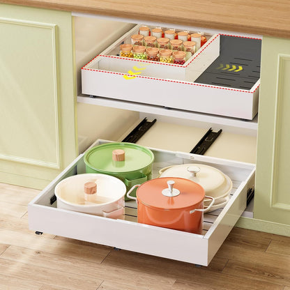 Pull Out Cabinet Organizer, Expandable Width (11.4"-19.4") and Depth (16.7"-21") With 3 Rails, Heavy Duty Slide out Drawers for Kitchen Base Cabinet Organization, No Drill, White