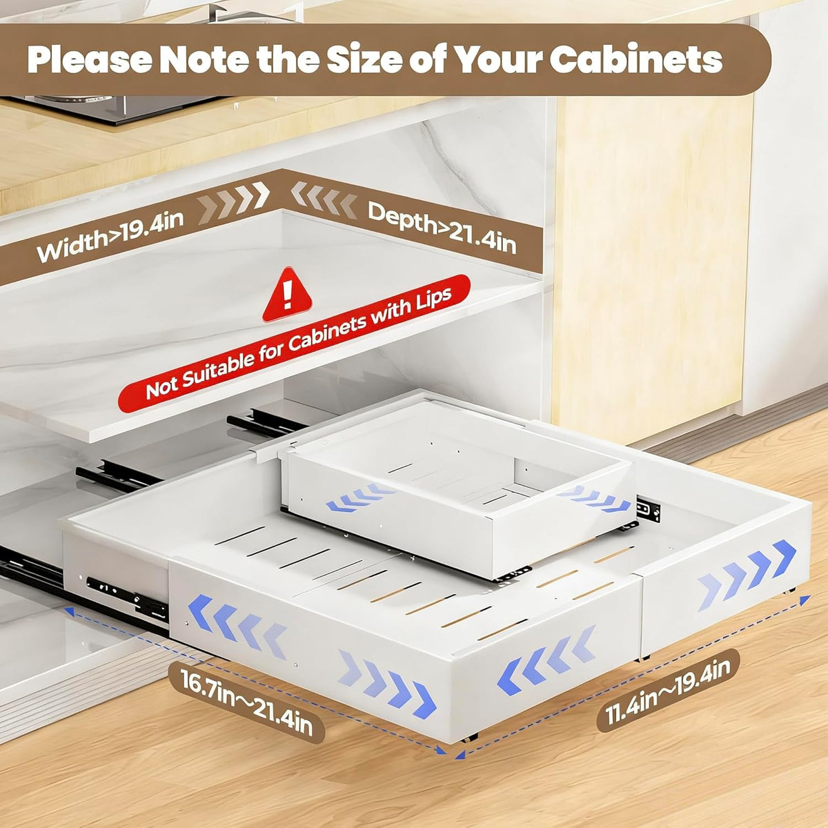 Pull Out Cabinet Organizer, Expandable Width (11.4"-19.4") and Depth (16.7"-21") With 3 Rails, Heavy Duty Slide out Drawers for Kitchen Base Cabinet Organization, No Drill, White
