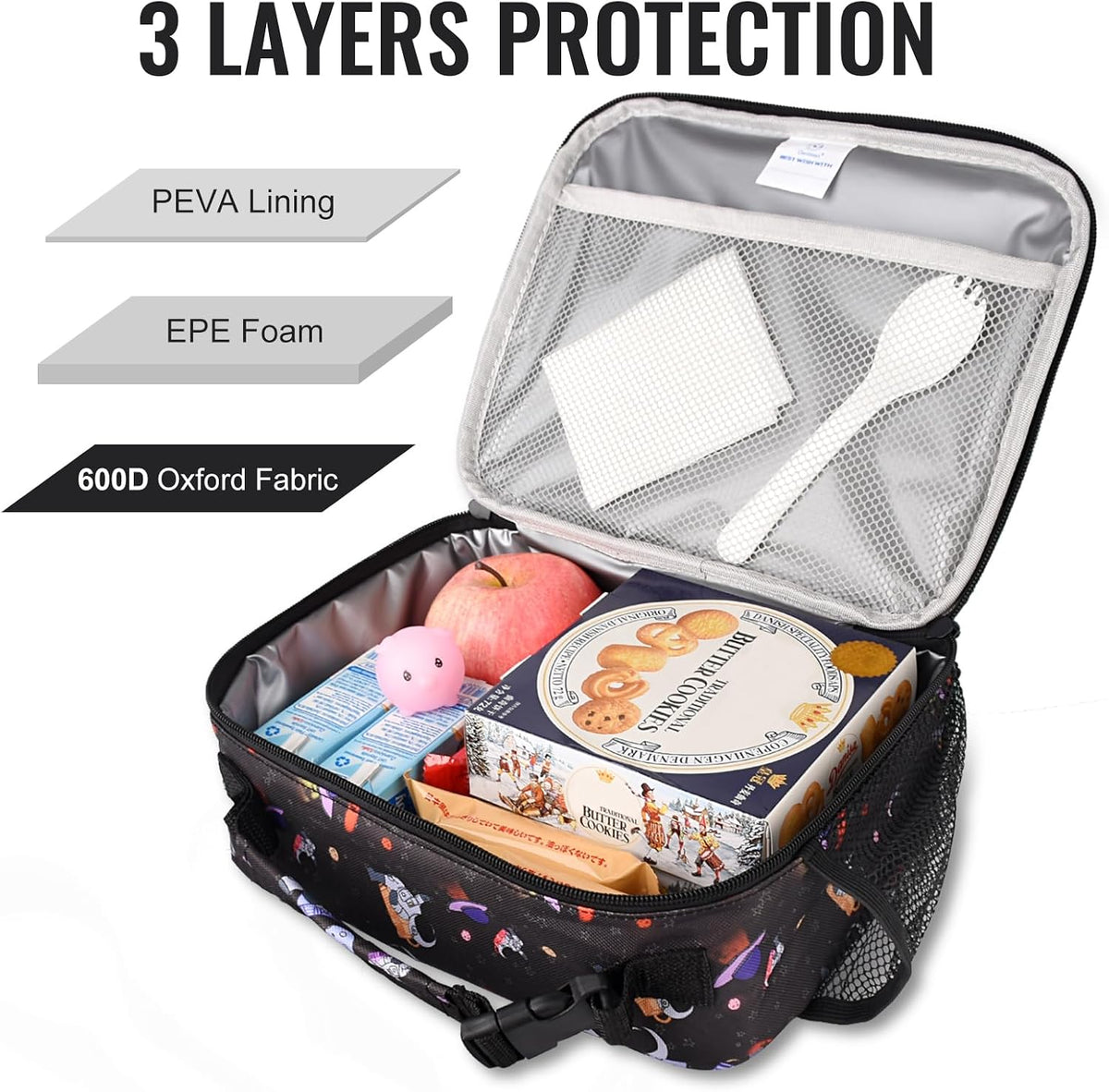 Lunch Box Kids, Insulated Lunch Bag Kids Boys Girls Back to School, Soft Lunch Box for Men Reusable Lunchbox for Office,Outdoor,School (Black)