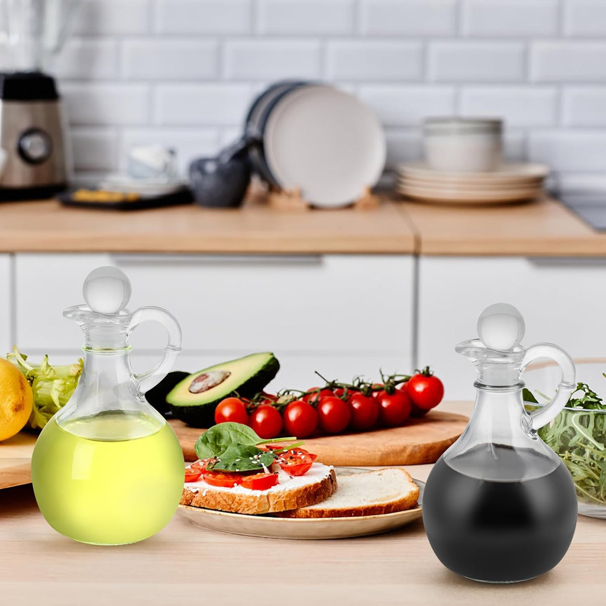 Clear Glass Oil and Vinegar Cruets, Salad Dressing Dispensers with Airtight Stoppers, Set of 2