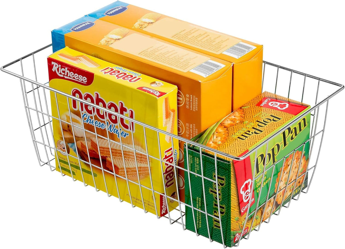 Slideep Fridge Freezer Baskets, Wire Storage Organizer Basket, Household Refrigerator Bin with Built-in Handles for Cabinets, Pantry, Closets, Bedrooms White - Set of 2