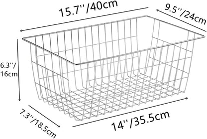 Slideep Fridge Freezer Baskets, Wire Storage Organizer Basket, Household Refrigerator Bin with Built-in Handles for Cabinets, Pantry, Closets, Bedrooms White - Set of 2