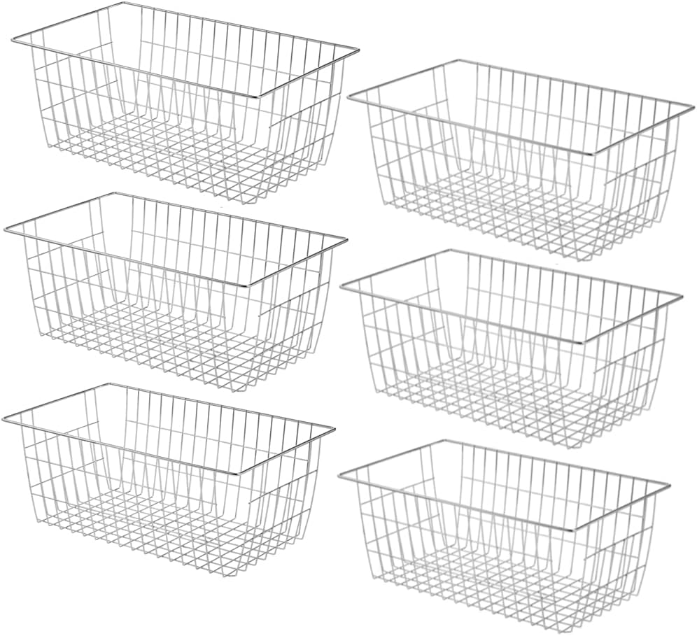 Slideep Fridge Freezer Baskets, Wire Storage Organizer Basket, Household Refrigerator Bin with Built-in Handles for Cabinets, Pantry, Closets, Bedrooms White - Set of 2