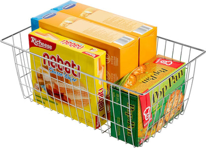 Slideep Fridge Freezer Baskets, Wire Storage Organizer Basket, Household Refrigerator Bin with Built-in Handles for Cabinets, Pantry, Closets, Bedrooms White - Set of 2