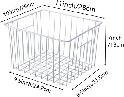 Slideep Fridge Freezer Baskets, Wire Storage Organizer Basket, Household Refrigerator Bin with Built-in Handles for Cabinets, Pantry, Closets, Bedrooms White - Set of 2