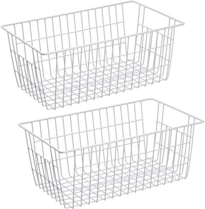 Slideep Fridge Freezer Baskets, Wire Storage Organizer Basket, Household Refrigerator Bin with Built-in Handles for Cabinets, Pantry, Closets, Bedrooms White - Set of 2