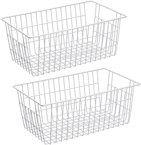 Slideep Fridge Freezer Baskets, Wire Storage Organizer Basket, Household Refrigerator Bin with Built-in Handles for Cabinets, Pantry, Closets, Bedrooms White - Set of 2