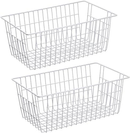 Slideep Fridge Freezer Baskets, Wire Storage Organizer Basket, Household Refrigerator Bin with Built-in Handles for Cabinets, Pantry, Closets, Bedrooms White - Set of 2
