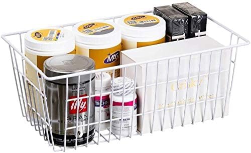 Slideep Fridge Freezer Baskets, Wire Storage Organizer Basket, Household Refrigerator Bin with Built-in Handles for Cabinets, Pantry, Closets, Bedrooms White - Set of 2