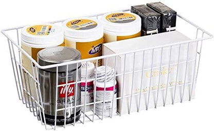 Slideep Fridge Freezer Baskets, Wire Storage Organizer Basket, Household Refrigerator Bin with Built-in Handles for Cabinets, Pantry, Closets, Bedrooms White - Set of 2