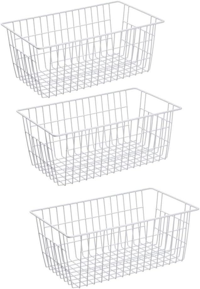 Slideep Fridge Freezer Baskets, Wire Storage Organizer Basket, Household Refrigerator Bin with Built-in Handles for Cabinets, Pantry, Closets, Bedrooms White - Set of 2
