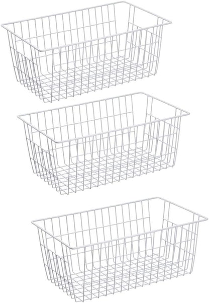 Slideep Fridge Freezer Baskets, Wire Storage Organizer Basket, Household Refrigerator Bin with Built-in Handles for Cabinets, Pantry, Closets, Bedrooms White - Set of 2