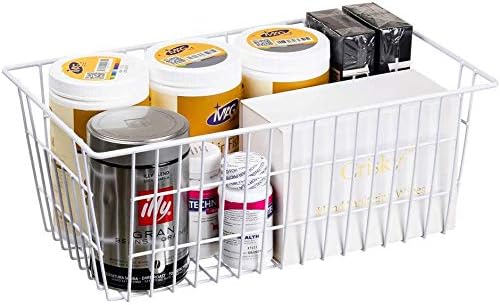 Slideep Fridge Freezer Baskets, Wire Storage Organizer Basket, Household Refrigerator Bin with Built-in Handles for Cabinets, Pantry, Closets, Bedrooms White - Set of 2