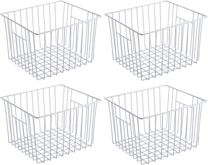 Slideep Fridge Freezer Baskets, Wire Storage Organizer Basket, Household Refrigerator Bin with Built-in Handles for Cabinets, Pantry, Closets, Bedrooms White - Set of 2