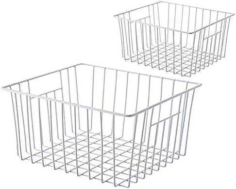 Slideep Fridge Freezer Baskets, Wire Storage Organizer Basket, Household Refrigerator Bin with Built-in Handles for Cabinets, Pantry, Closets, Bedrooms White - Set of 2