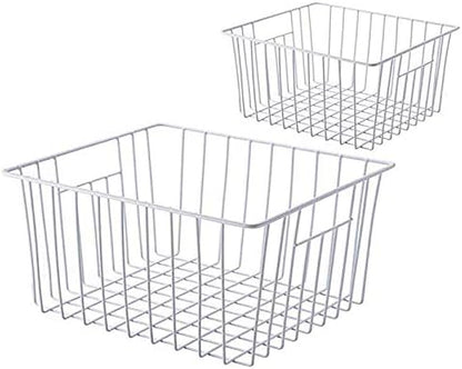 Slideep Fridge Freezer Baskets, Wire Storage Organizer Basket, Household Refrigerator Bin with Built-in Handles for Cabinets, Pantry, Closets, Bedrooms White - Set of 2