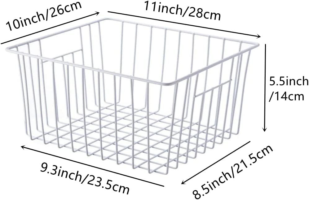 Slideep Fridge Freezer Baskets, Wire Storage Organizer Basket, Household Refrigerator Bin with Built-in Handles for Cabinets, Pantry, Closets, Bedrooms White - Set of 2