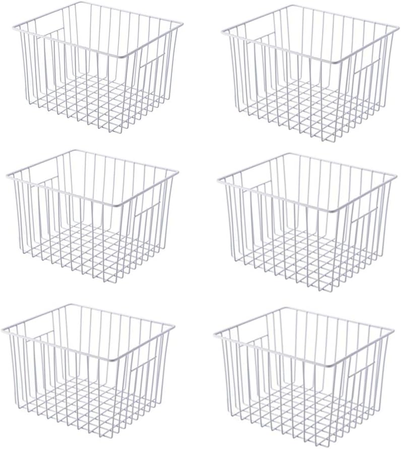 Slideep Fridge Freezer Baskets, Wire Storage Organizer Basket, Household Refrigerator Bin with Built-in Handles for Cabinets, Pantry, Closets, Bedrooms White - Set of 2
