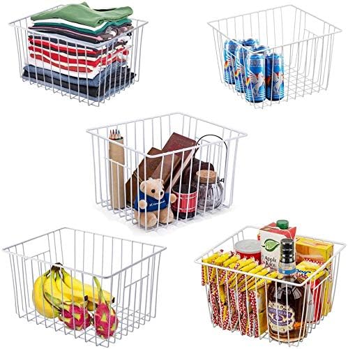 Slideep Fridge Freezer Baskets, Wire Storage Organizer Basket, Household Refrigerator Bin with Built-in Handles for Cabinets, Pantry, Closets, Bedrooms White - Set of 2