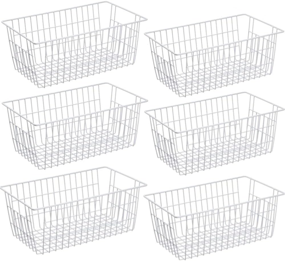 Slideep Fridge Freezer Baskets, Wire Storage Organizer Basket, Household Refrigerator Bin with Built-in Handles for Cabinets, Pantry, Closets, Bedrooms White - Set of 2