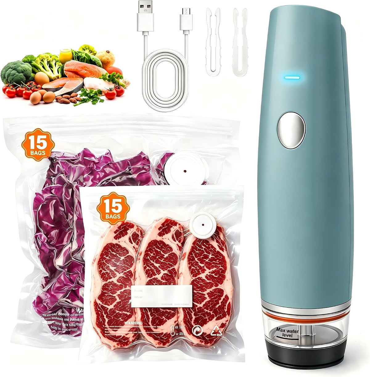 80kPa Compact Vacuum Sealer for Food (Vacuum Sealer Machine + 30 Reusable Bags), Cordless Handheld Vacuum Sealer Machine Portable Mini Food Sealer for Sous Vide & Meal Prep-Blue