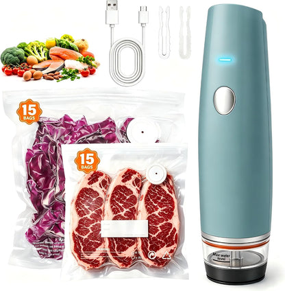 80kPa Compact Vacuum Sealer for Food (Vacuum Sealer Machine + 30 Reusable Bags), Cordless Handheld Vacuum Sealer Machine Portable Mini Food Sealer for Sous Vide & Meal Prep-Blue