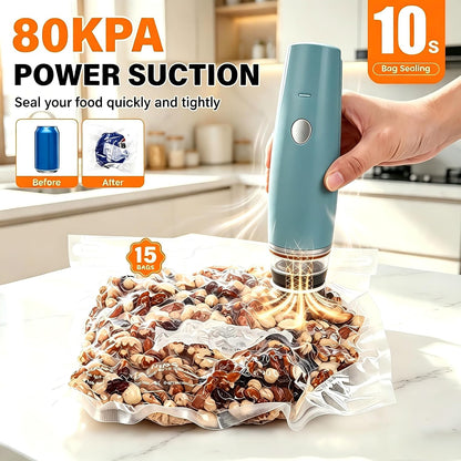 80kPa Compact Vacuum Sealer for Food (Vacuum Sealer Machine + 30 Reusable Bags), Cordless Handheld Vacuum Sealer Machine Portable Mini Food Sealer for Sous Vide & Meal Prep-Blue