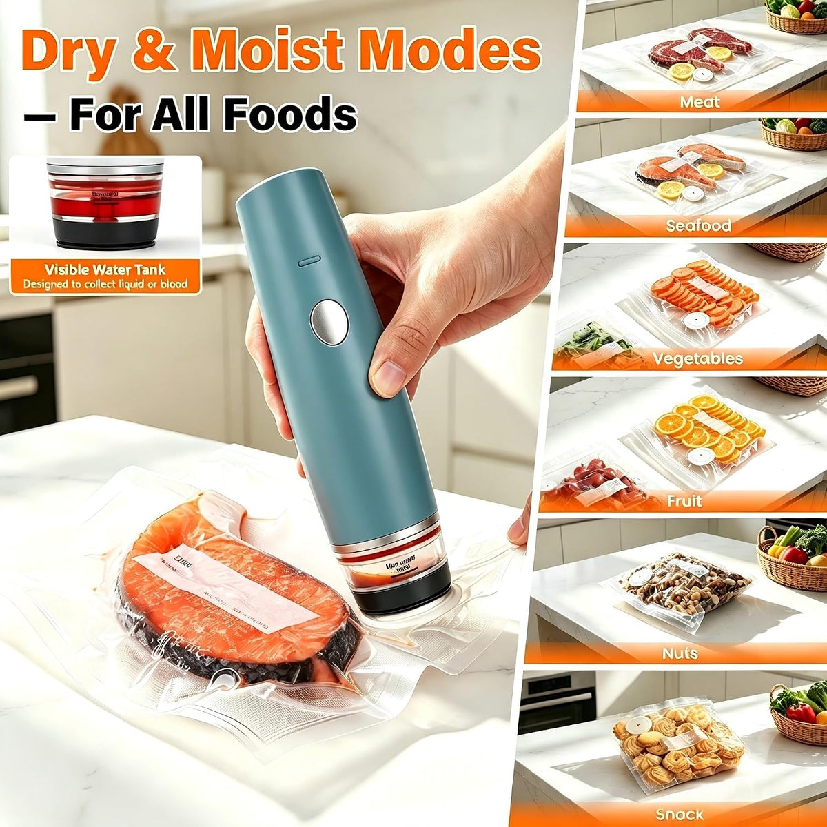 80kPa Compact Vacuum Sealer for Food (Vacuum Sealer Machine + 30 Reusable Bags), Cordless Handheld Vacuum Sealer Machine Portable Mini Food Sealer for Sous Vide & Meal Prep-Blue