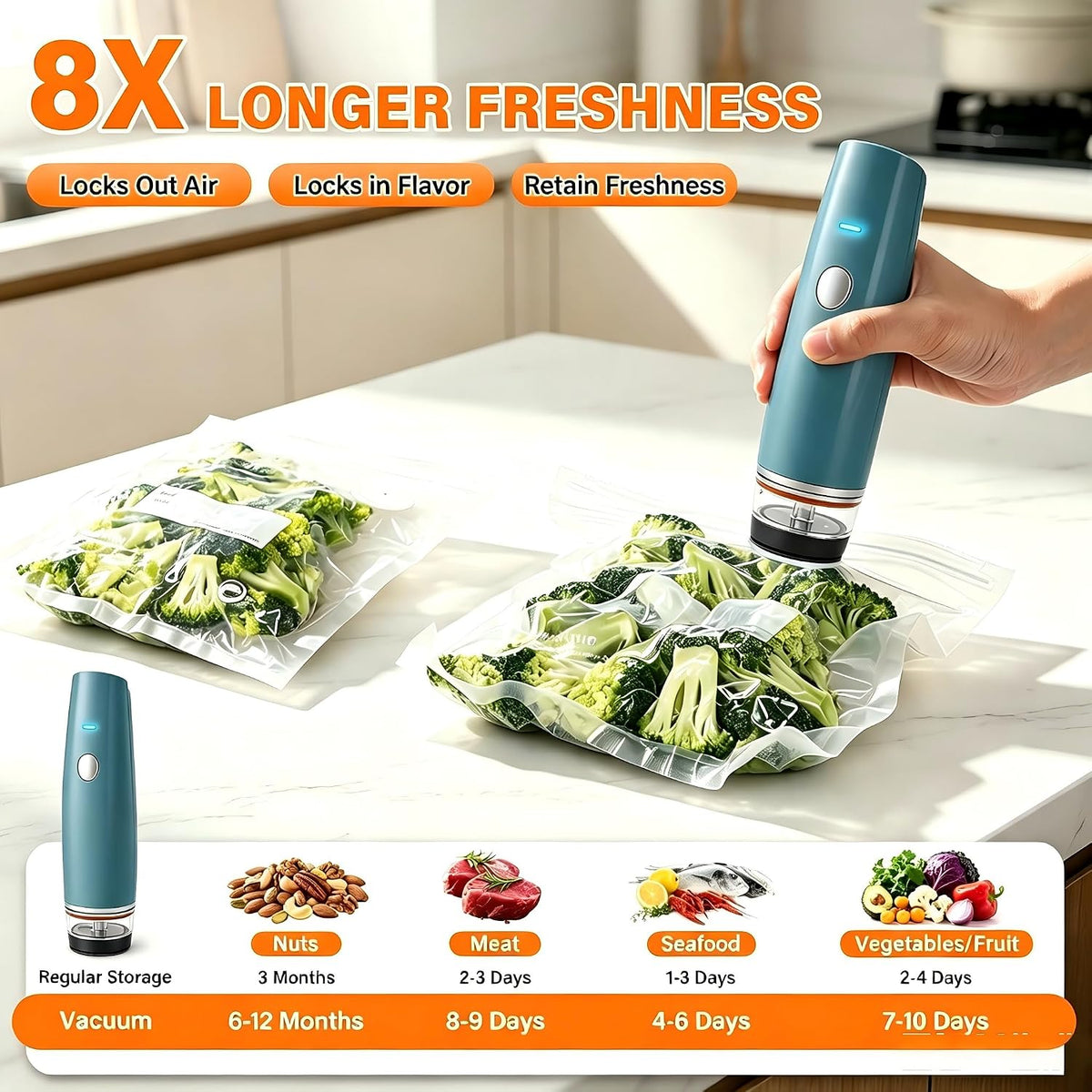 80kPa Compact Vacuum Sealer for Food (Vacuum Sealer Machine + 30 Reusable Bags), Cordless Handheld Vacuum Sealer Machine Portable Mini Food Sealer for Sous Vide & Meal Prep-Blue