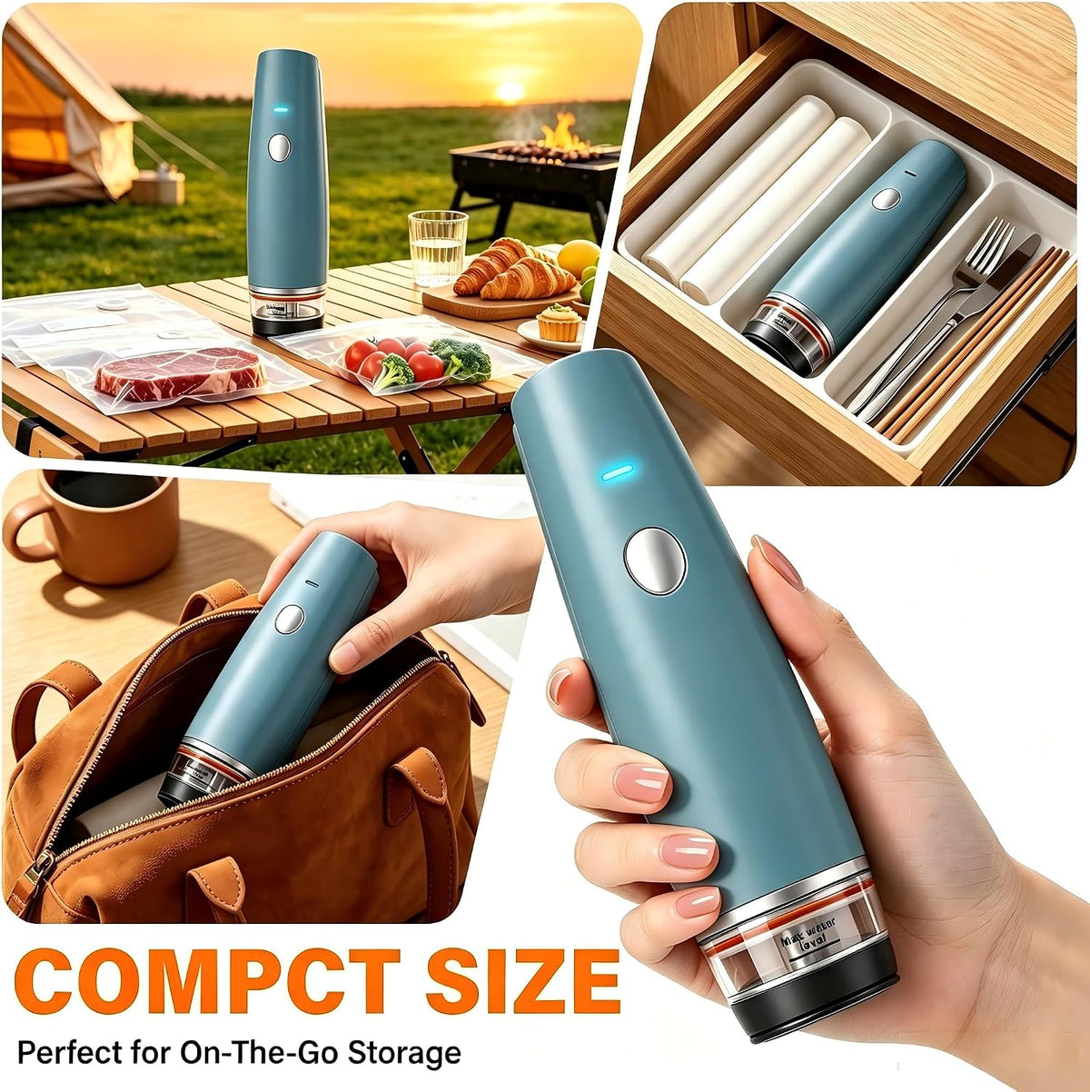 80kPa Compact Vacuum Sealer for Food (Vacuum Sealer Machine + 30 Reusable Bags), Cordless Handheld Vacuum Sealer Machine Portable Mini Food Sealer for Sous Vide & Meal Prep-Blue