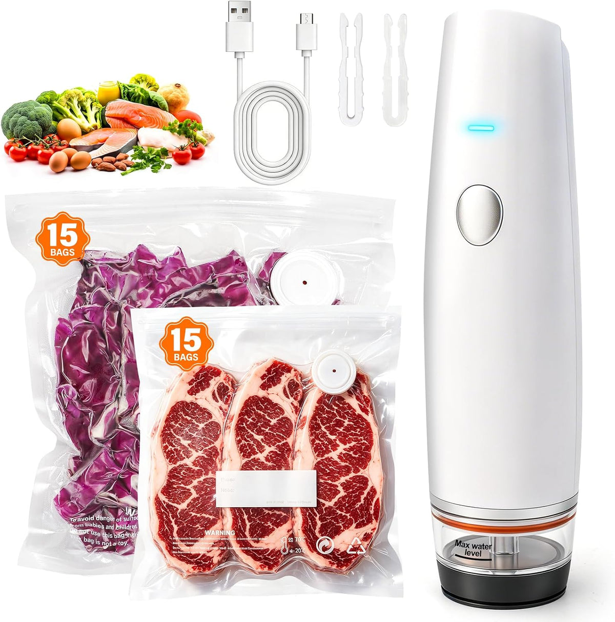 80kPa Compact Vacuum Sealer for Food (Vacuum Sealer Machine + 30 Reusable Bags), Cordless Handheld Vacuum Sealer Machine Portable Mini Food Sealer for Sous Vide & Meal Prep-Blue
