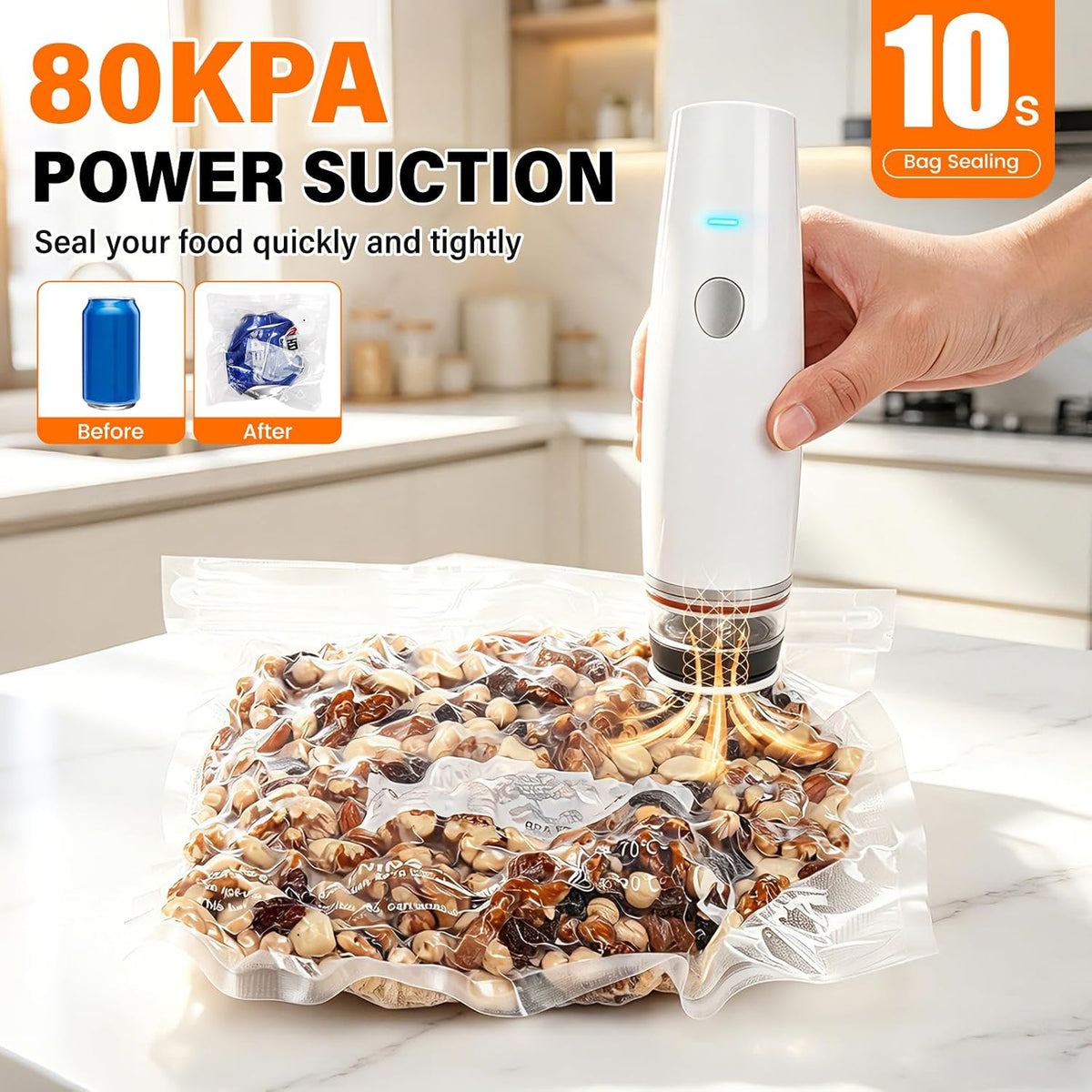 80kPa Compact Vacuum Sealer for Food (Vacuum Sealer Machine + 30 Reusable Bags), Cordless Handheld Vacuum Sealer Machine Portable Mini Food Sealer for Sous Vide & Meal Prep-Blue