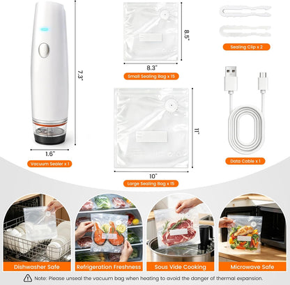80kPa Compact Vacuum Sealer for Food (Vacuum Sealer Machine + 30 Reusable Bags), Cordless Handheld Vacuum Sealer Machine Portable Mini Food Sealer for Sous Vide & Meal Prep-Blue
