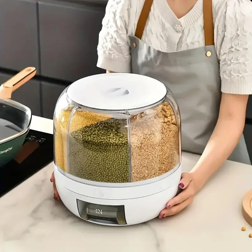 Rotating grain storage container,rice dispenser,6-compartment rice container, 360° rotating food dispenser One-Click Output rice Storage Round Grain Dispenser Kitchen for Grains, Beans, Rice.
